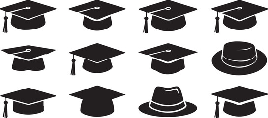 Graduation Caps and Hats Icon Set Black Silhouettes