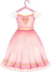 Watercolor illustration of a pink princess dress on a hanger on transparent background.