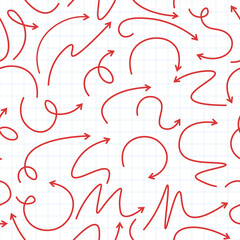 Modern seamless pattern of red arrows of different shapes on a checkered and white background