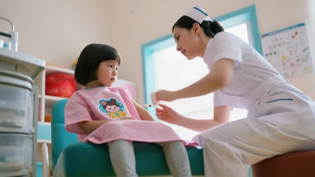 Nurse in uniform gently administers a vaccination to a young asian girl's arm in a colorful pediatric clinic, providing preventive healthcare and promoting child wellness and immunization