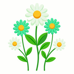 A stylized floral with six cartoo-like daisies and simple green stems vector illustration