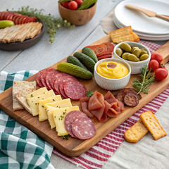 Charcuterie board featuring various meats, gherkins, crackers, and mustard, placed on a rustic picnic tablecloth