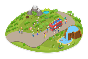 3D Isometric Flat  Illustration of School Field Trip, Student Excursion Scene