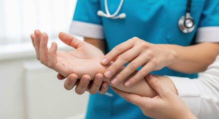 Fototapeta premium Nurse hands checking patient pulse on wrist, Routine vital signs monitoring, Medical examination close-up, Healthcare professional hands, Pulse rate assessment