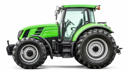 Fototapeta premium A vivid green tractor, ideal for farming and agriculture tasks, isolated on a pristine white backdrop.