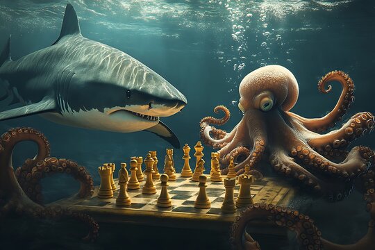 A shark and octopus playing underwater chess