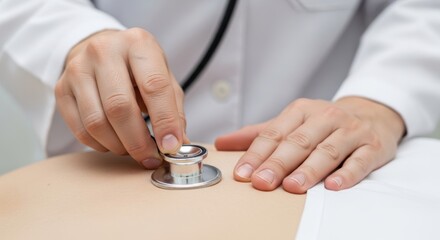 Doctor hands using stethoscope on patient chest, Auscultation procedure close-up, Diagnostic listening, Cardiac pulmonary examination, Medical equipment focus