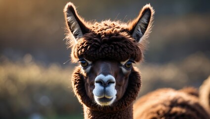 Obraz premium Intimate view of a dark brown alpaca's face basking in the sun, staring at the camera.