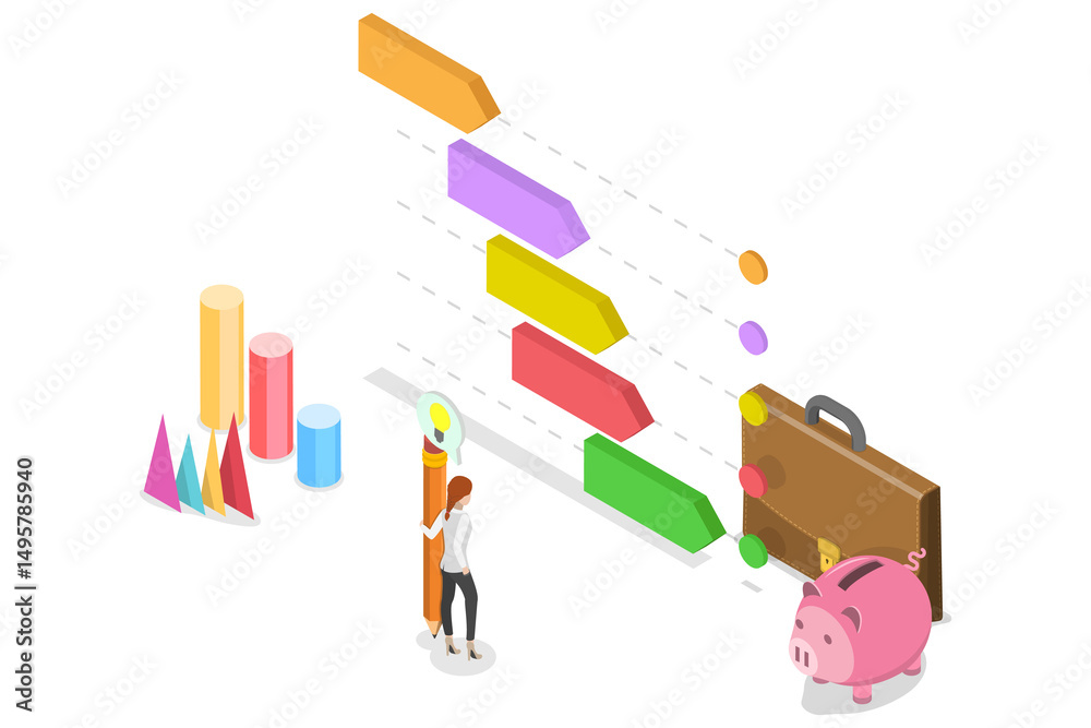 Poster 3d isometric flat illustration of workflow concept, timeline with work task flow