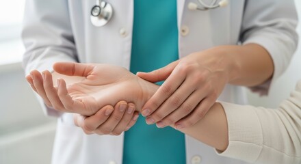 Obraz premium Nurse hands checking patient pulse on wrist, Routine vital signs monitoring, Medical examination close-up, Healthcare professional hands, Pulse rate assessment