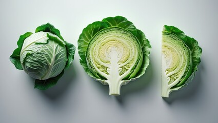 Fototapeta premium Isolated half green cabbage on a background showcasing full depth of field. Bird's-eye view. Flat lay