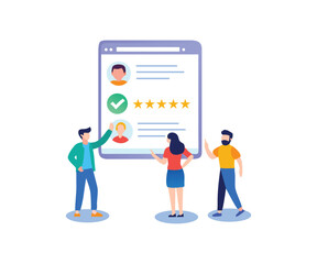 A colorful illustration showing a group of people celebrating and displaying a rating of five yellow stars, symbolizing achievement and satisfaction
