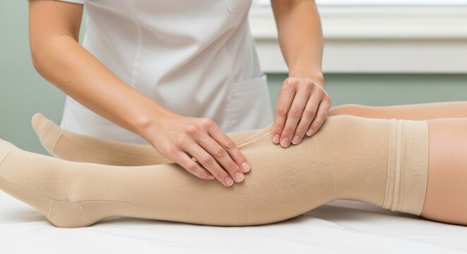 Nurse hands applying compression stockings to patient leg, Circulation care hands, Medical garment application, Limb support treatment