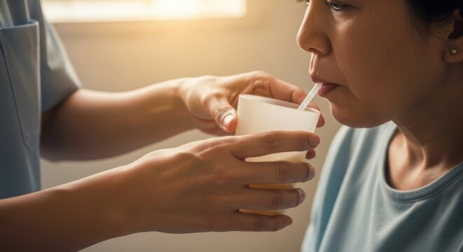 Human hands assisting patient with drinking cup straw, Aid in hydration needs, Feeding assistance close-up, Caregiver support