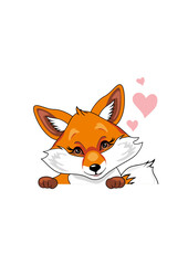 Peeking cute shy fox with hearts