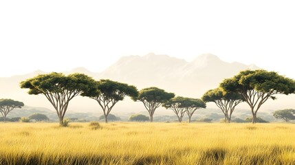 Naklejka premium Open savanna with acacia trees and distant mountains