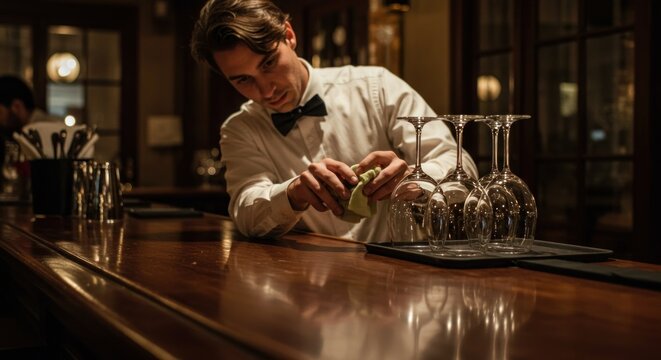 Bartender Polishing Wine Glasses - Restaurant Preparation, Photo
