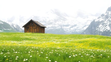 Fototapeta premium Alpine meadow with a small wooden cabin in the distance