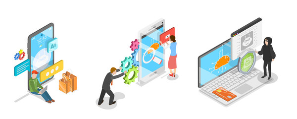 3D Isometric Flat  Illustration of Data Security in E-commerce, AI In Online Shopping