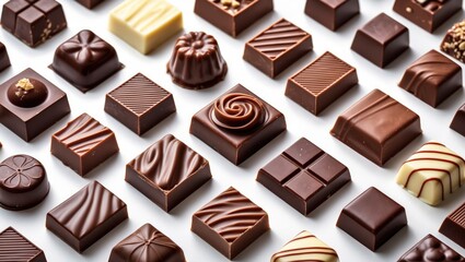 Obraz premium Variety of chocolates arranged, isolated on white. Theme of confectionery, assortment of chocolate types. Selection of sweets like truffles, pralines, and chocolate.
