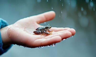 Obraz premium A small frog sits peacefully in the palm of a hand, with gentle raindrops falling around it. The image evokes a sense of wonder and connection with nature.