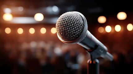 A close-up view of a microphone on a stand, ready for a performance or speech in a venue. The blurred background adds depth.