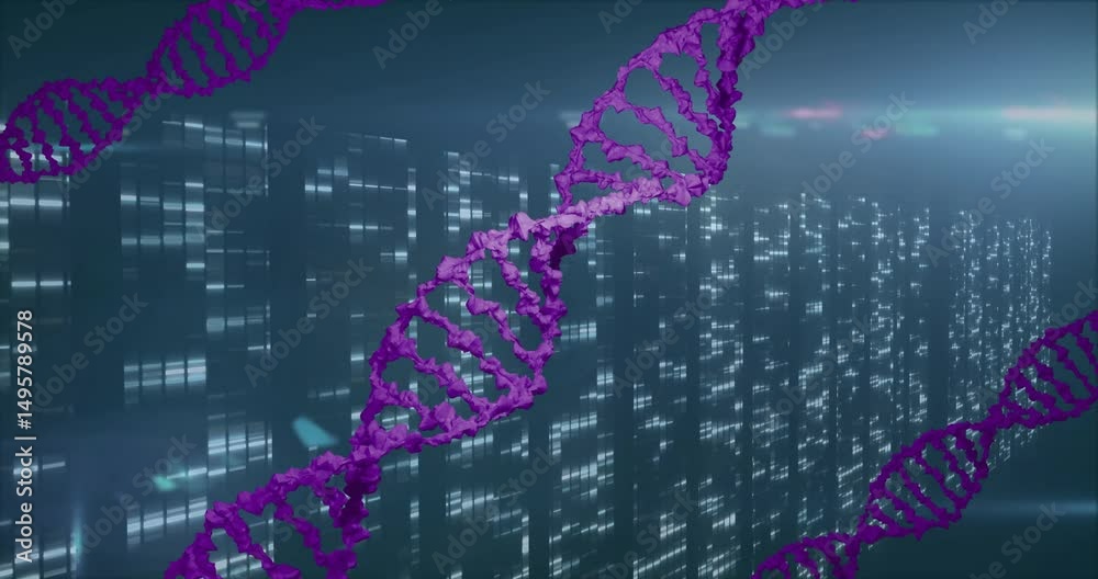 Poster purple dna helix emerging from top-left corner rotating to visualize genetic data in data grid