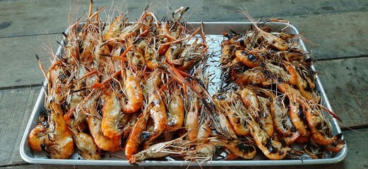 Grilled Shrimp Platter on Metal Tray Ready for Serve Delicious Seafood Meal