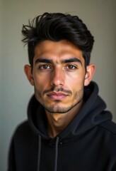 Fototapeta premium This striking portrait features a young Pakistani man with a keen expression. His stylish casual wear and confident demeanor create an engaging visual narrative Generative AI