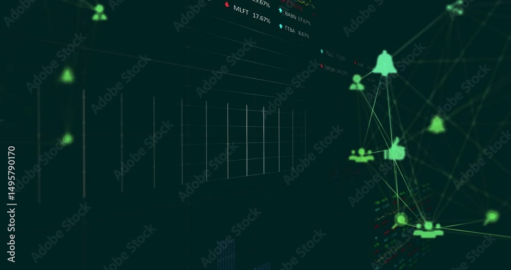 Poster on load neon-green icons floating while 3d grid appearing left and trend lines rising showing data