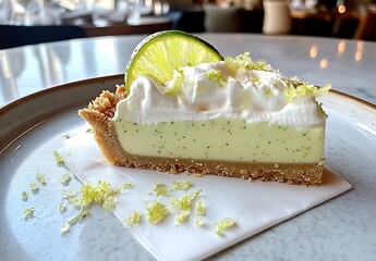 A slice of key lime pie on a white plate