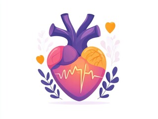 Flat icon of heart with ECG pulse across it on white background  