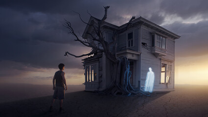 Home Return of a young man standing in front of a ravaged house, looking far away for someone. A desolate house with a dry land and tree and a ghost at threshold