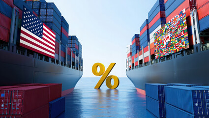 US imposing tariffs and import taxes on all world countries. Concept with two massive cargo ships with stacked shipping containers facing each other, between them floats a giant percentage symbol