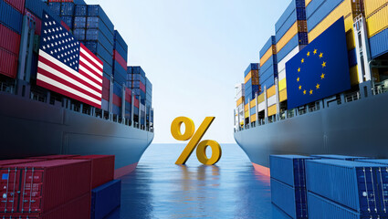 Imposing import taxes and tariffs concept. Two massive cargo ships with stacked shipping containers facing each other, one with the US flag and other EU. Between them floats a giant percentage symbol