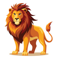 A powerful lion with a magnificent mane stands alert  with white background.