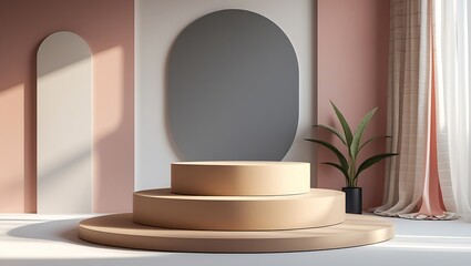 Elegant modern product display podium with warm lighting and interior design elements