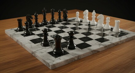 Chessboard with Marble Board and Chess Pieces, Starting Position, Game Strategy, Illustration