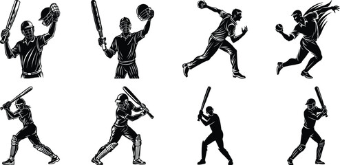 Cricket match silhouette set, Cricket Batsman Silhouettes with white background

