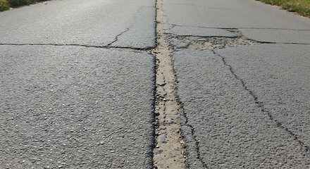 Obraz premium Damaged asphalt road with large cracks and a pothole.