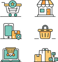 Shopping vector icon set with cart, gift, sale, and delivery symbols for e-commerce and business