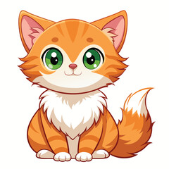 A small, fluffy ginger and white kitten with wide, innocent eyes sits looking upwards with white background.