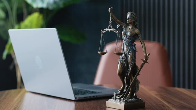 Statue of justice with scales and laptop in a modern office cubicle.  Lawyer's office. The concept of legal law, counseling and the concept of justice.