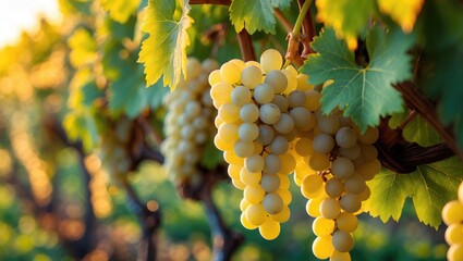 Intimate view of farming nature, white grapes dangling from a healthy green vine at the vineyard.