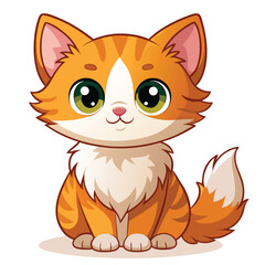 A small, fluffy ginger and white kitten with wide, innocent eyes sits looking upwards with white background.