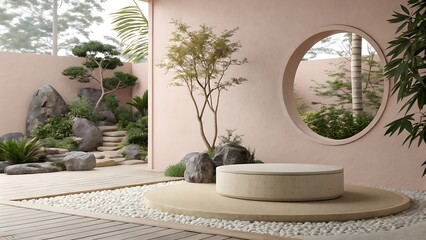 Tranquil zen garden design with beige podium and natural elements for presentation