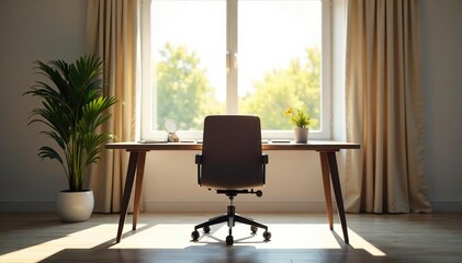 Empty chair at desk facing window, bright sunlight ,  view,  minimal
