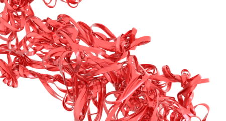 Red metallic streamers, perfect for party decorations or abstract designs. High-resolution image.