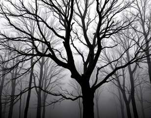 Obraz premium black and white high contrast silhouette of a foggy forest scene with intricate tree branches