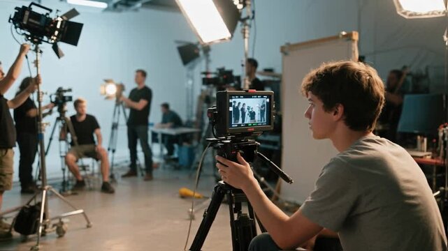 Film crew professionals adjust cameras and lighting equipment in a spacious studio set for a shoot, showcasing teamwork and the technical aspects of filmmaking and media production industry